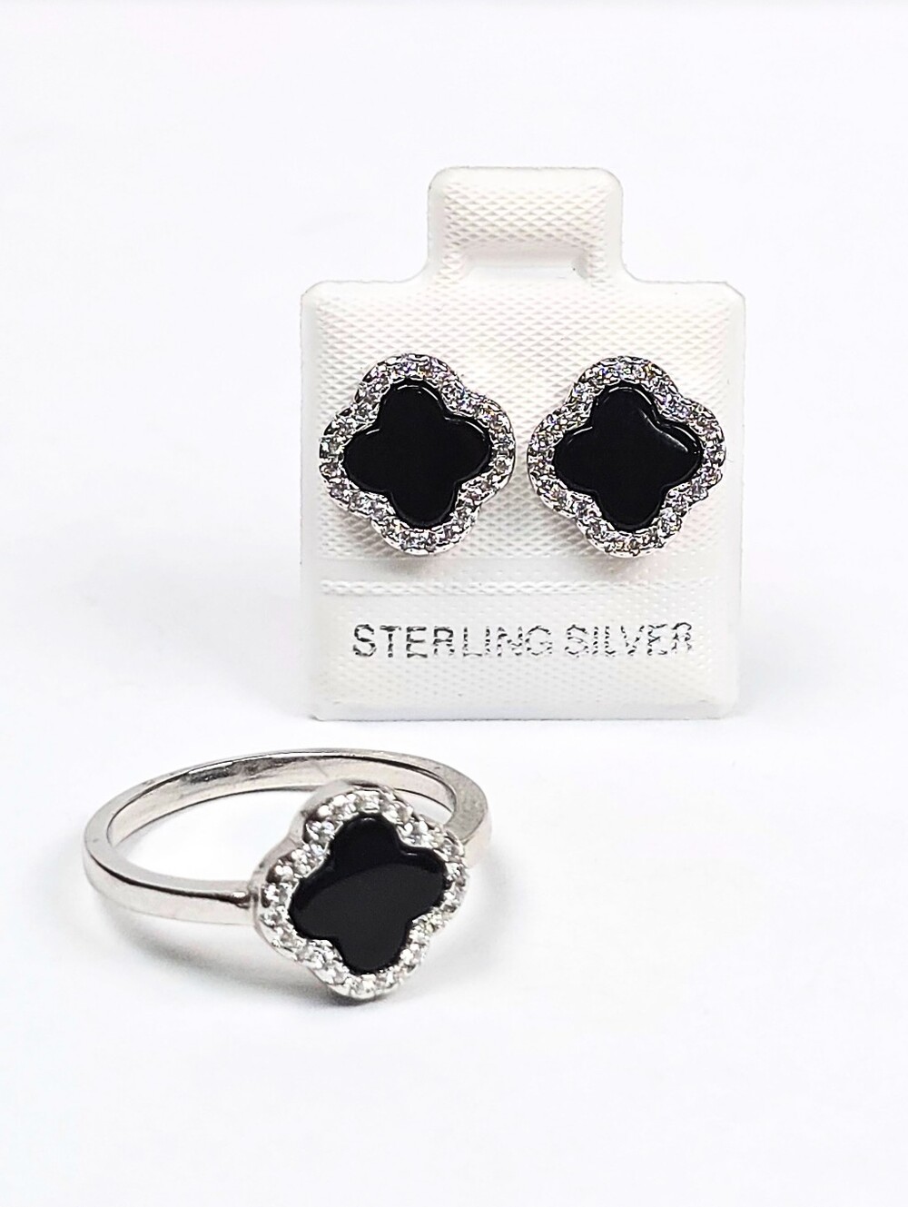 Van Insp. Black Clover Ring & Stud Earrings Set 925 Sterling Silver Rhodium